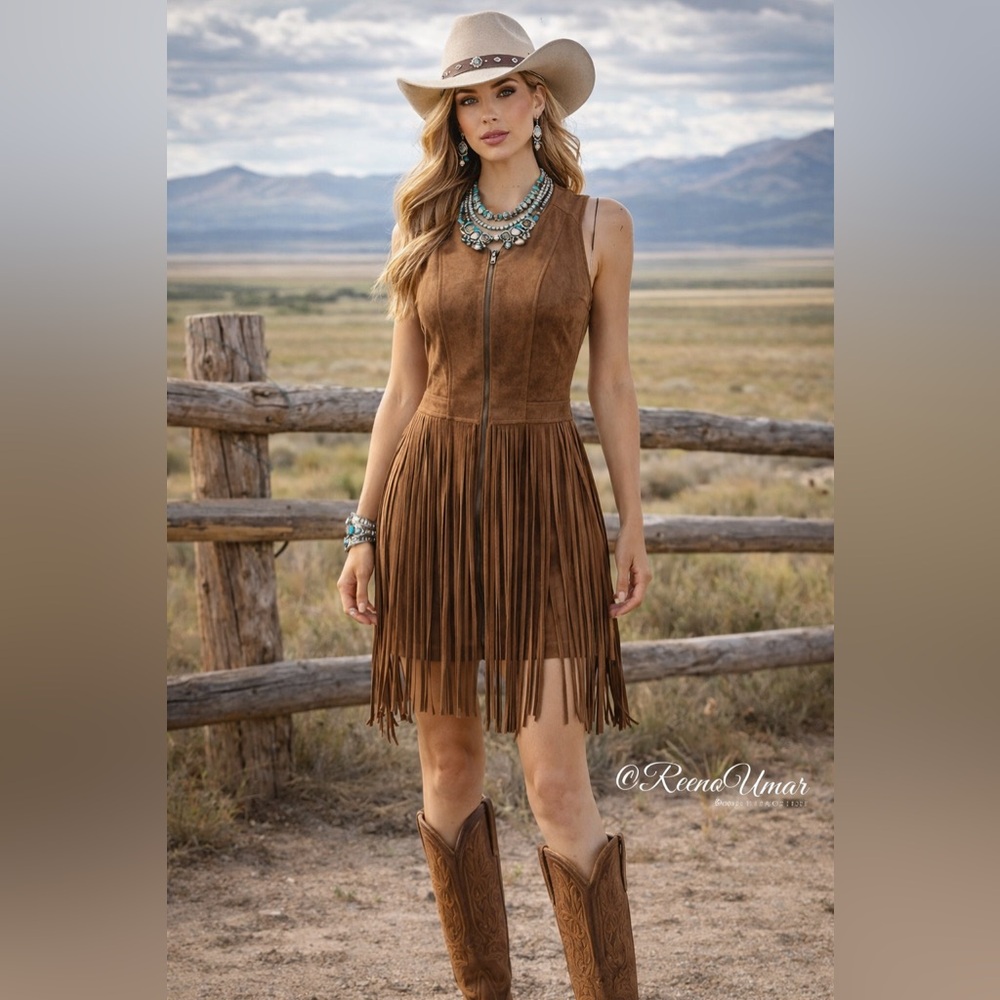 BCBGMaxAzria “Hamiin” Brown Suede Fringe Mini Dress – Western Boho Statement